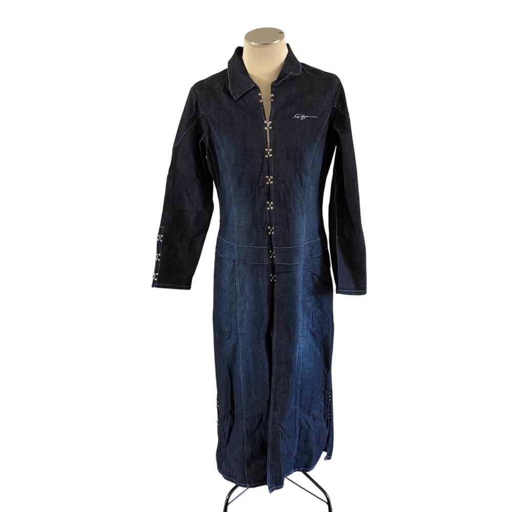 New VTG Y2K 2000s 90s Fubu Dark Denim Duster Coat Sz L